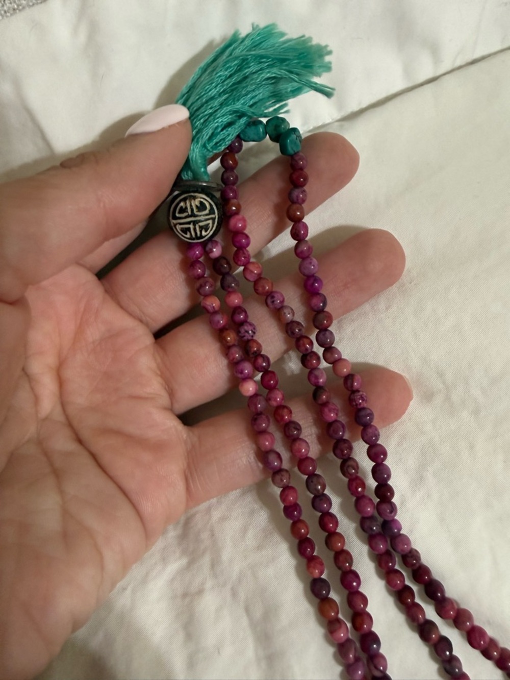 Mini Mala Necklace w/ Pink Jade Beads + Tassel